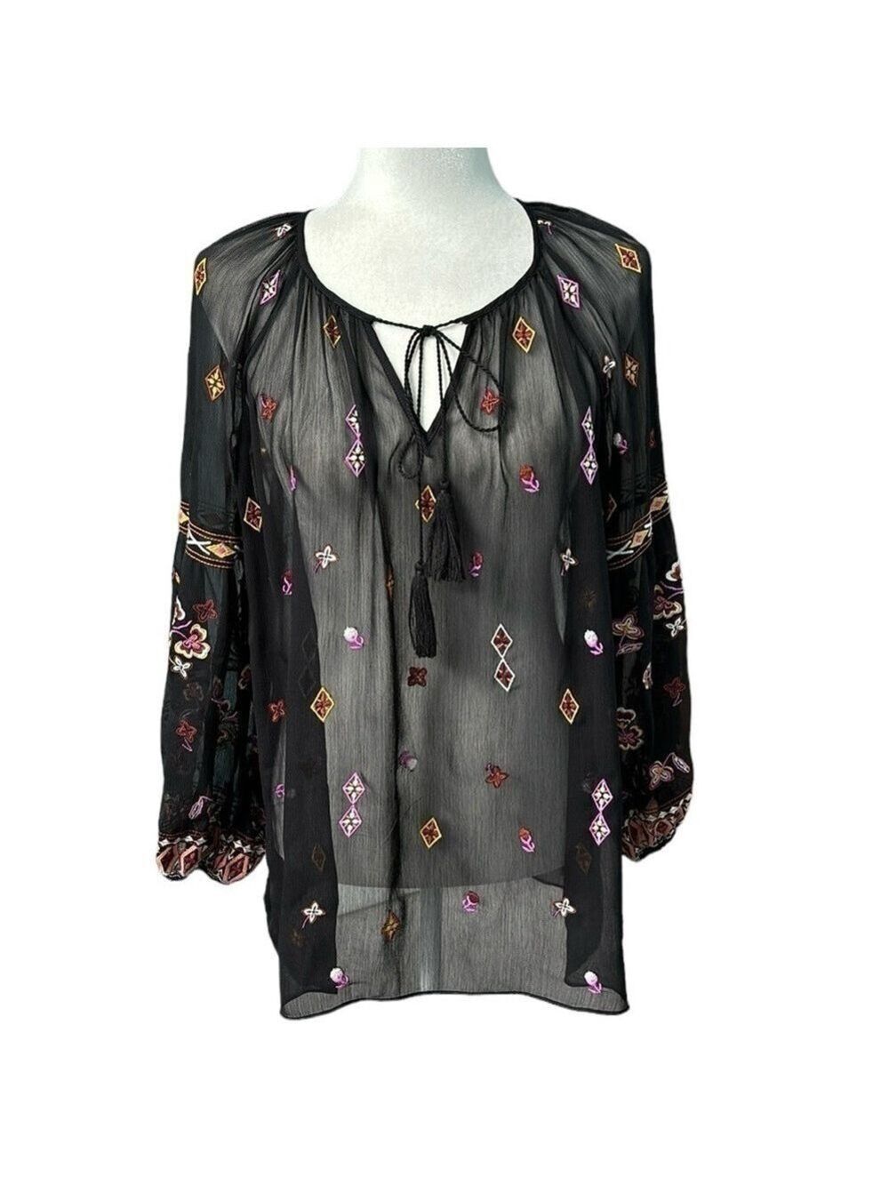 INC International Concepts Sheer Black Embroidered Boho Peasant Top